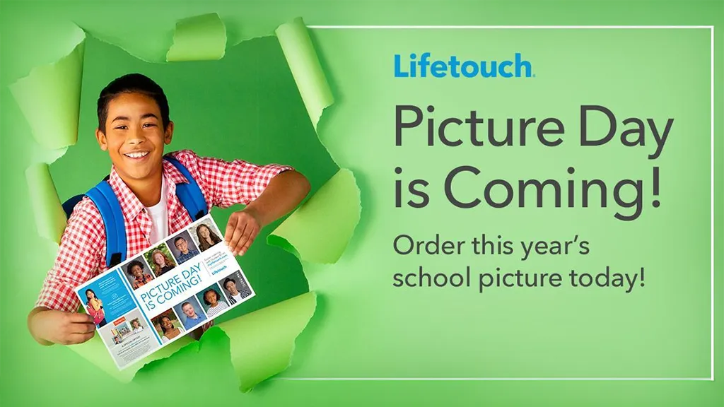 Announcement of Lifetouch Picture Day coming with a boy poking through a poster holding a flyer for the picture day.